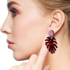 Leaf Drop Earrings Statement Dangle Red Enamel Plant Monstera Boho Tropical NEW